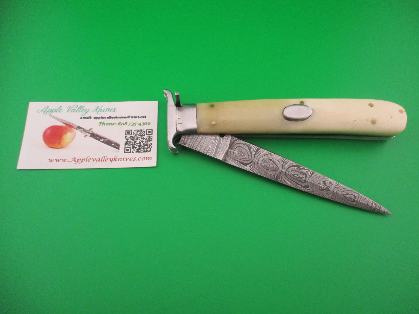 Custom 29cm Damascus Dagger grind Oval Button Smooth bone automatic knife w guards