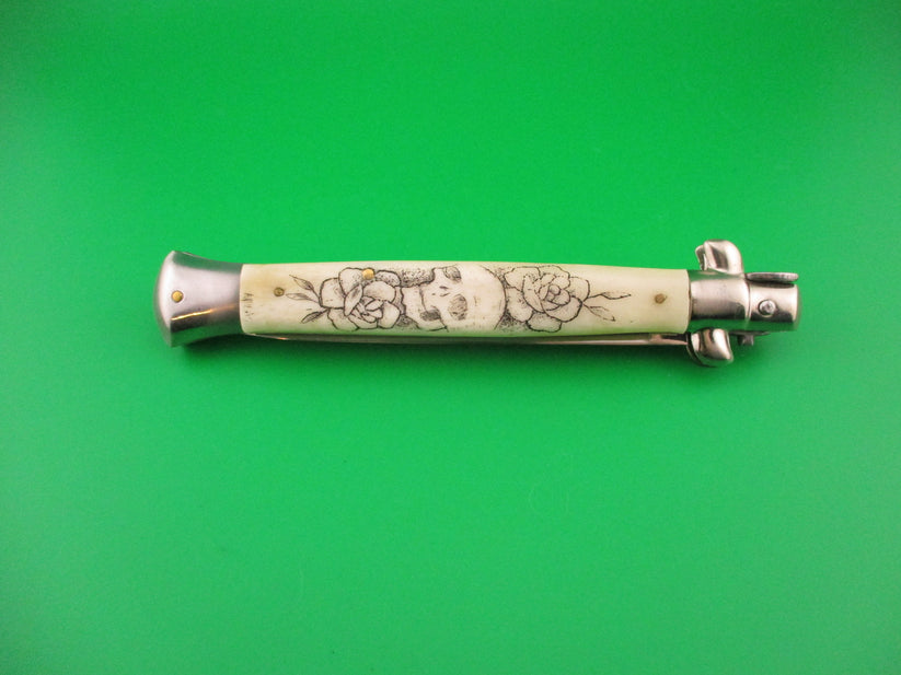 J INOX 28cm Italian Stiletto Scrimshaw Skull & Roses switchblade O.S.K ...