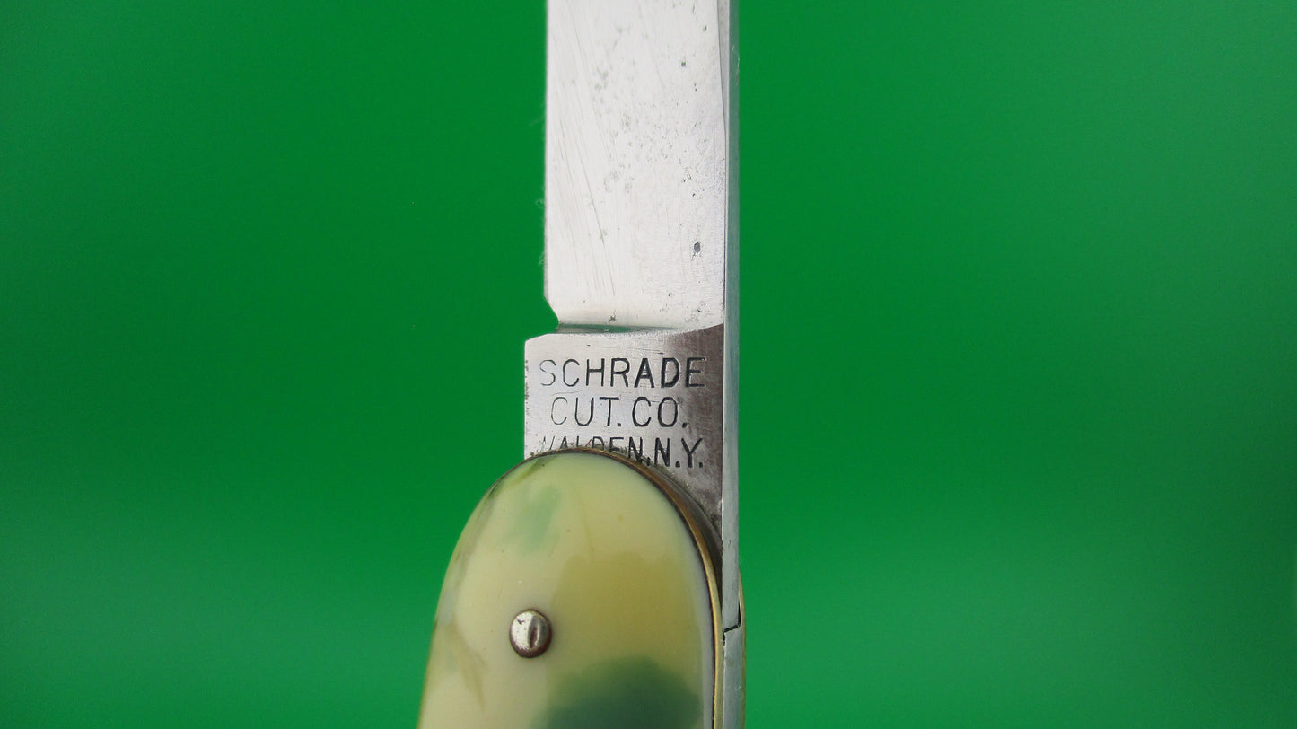 Schrade Cut Co Medium double Green & Cream celluloid switchblade knife