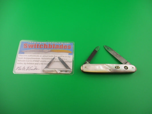 SCHRADE CUT CO WALDEN, NY Medium double Pearl 7416T Tip bolster file blade Book knife
