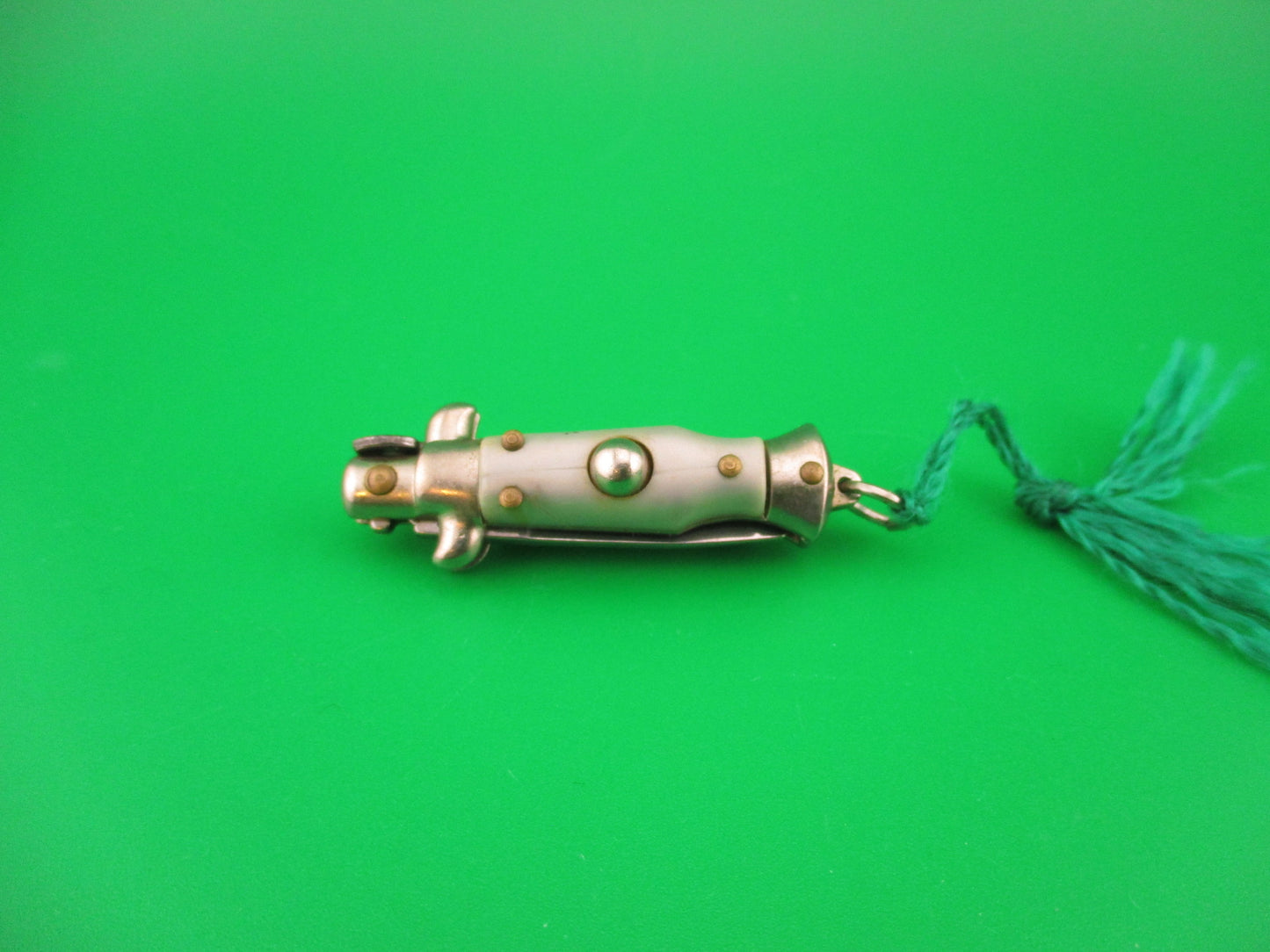 INOX 7cm Italian Mini Picklock Gray 3 pin vintage automatic knife w Green tassel