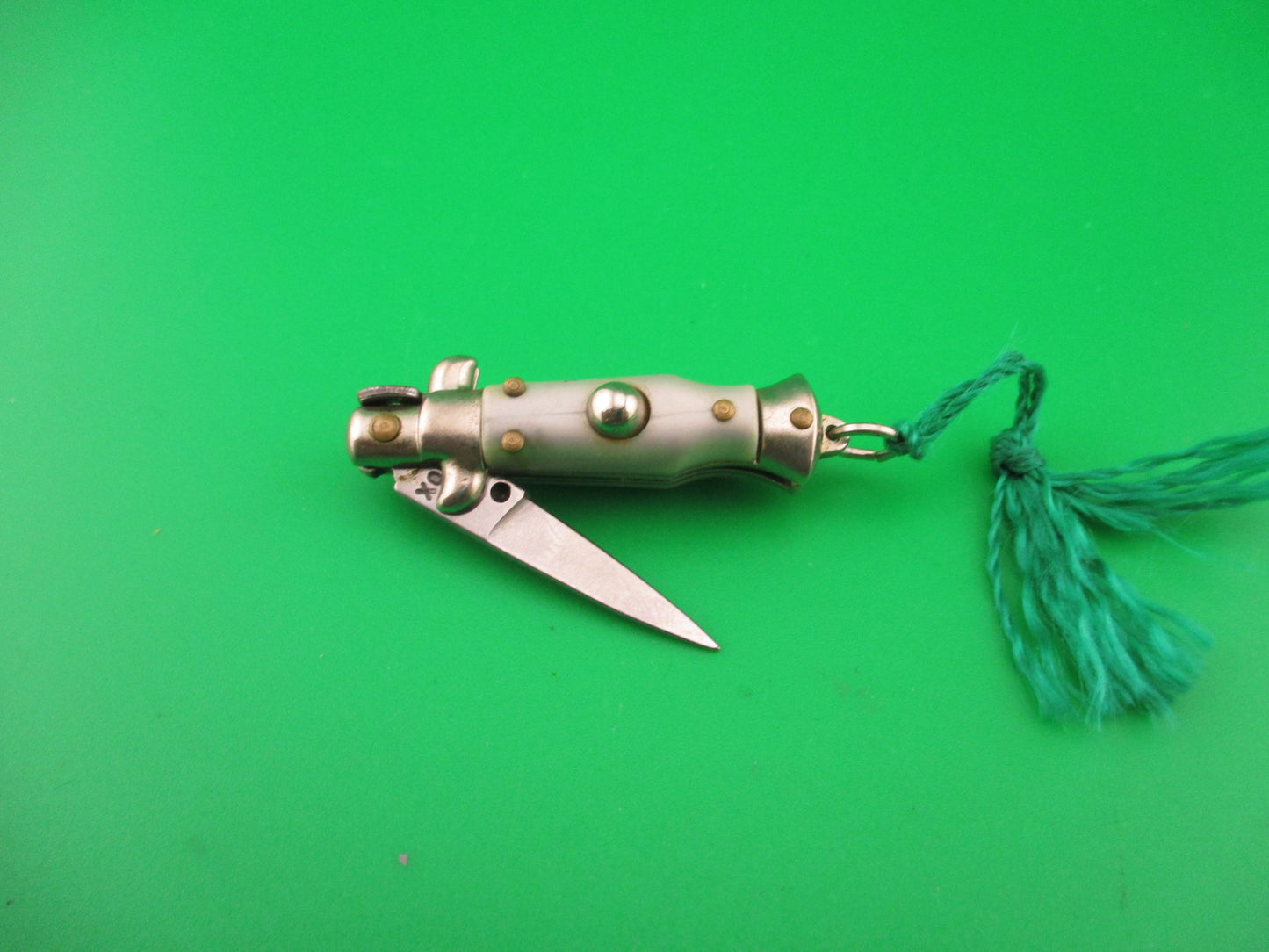INOX 7cm Italian Mini Picklock Gray 3 pin vintage automatic knife w Green tassel