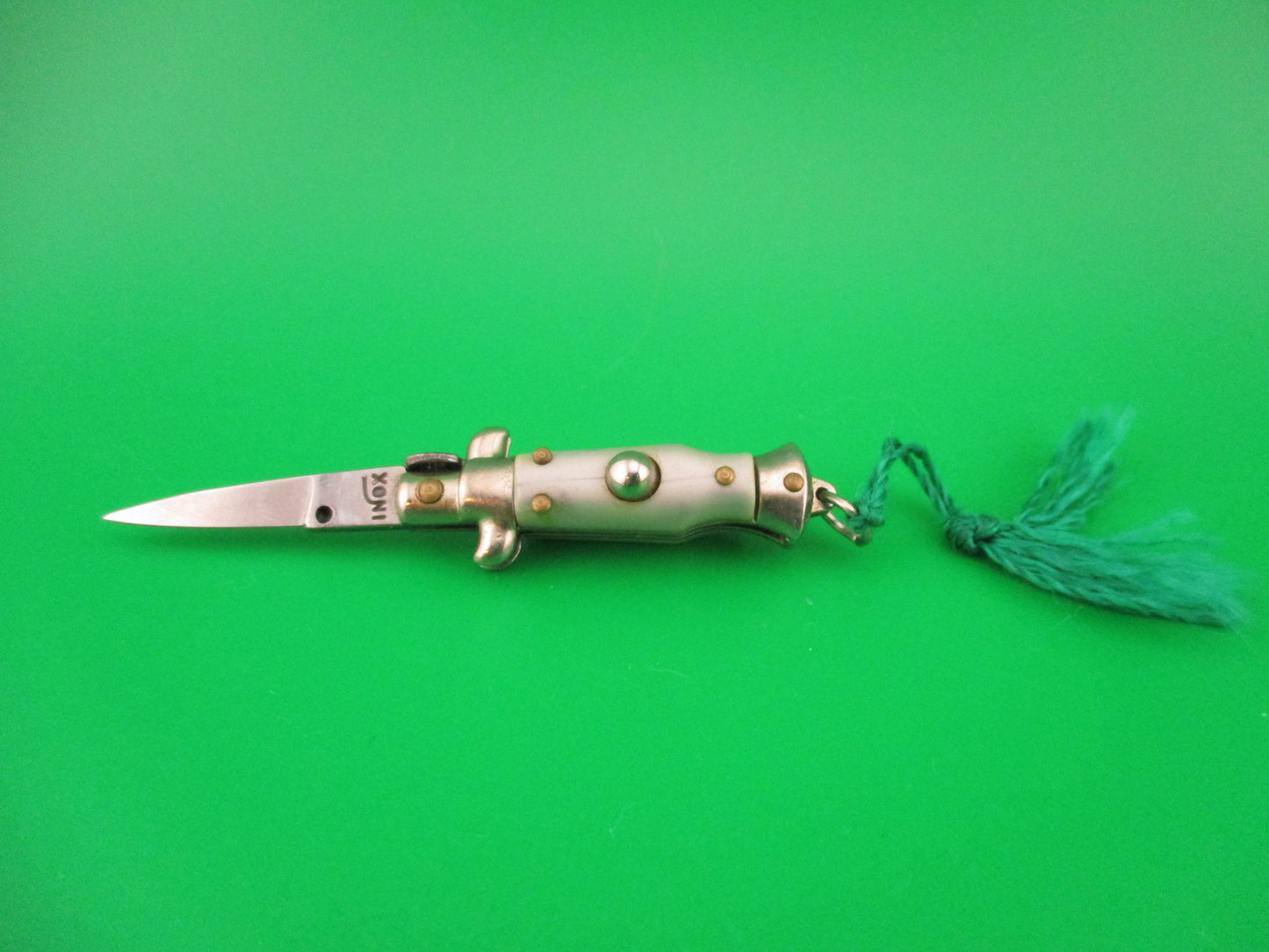 INOX 7cm Italian Mini Picklock Gray 3 pin vintage automatic knife w Green tassel