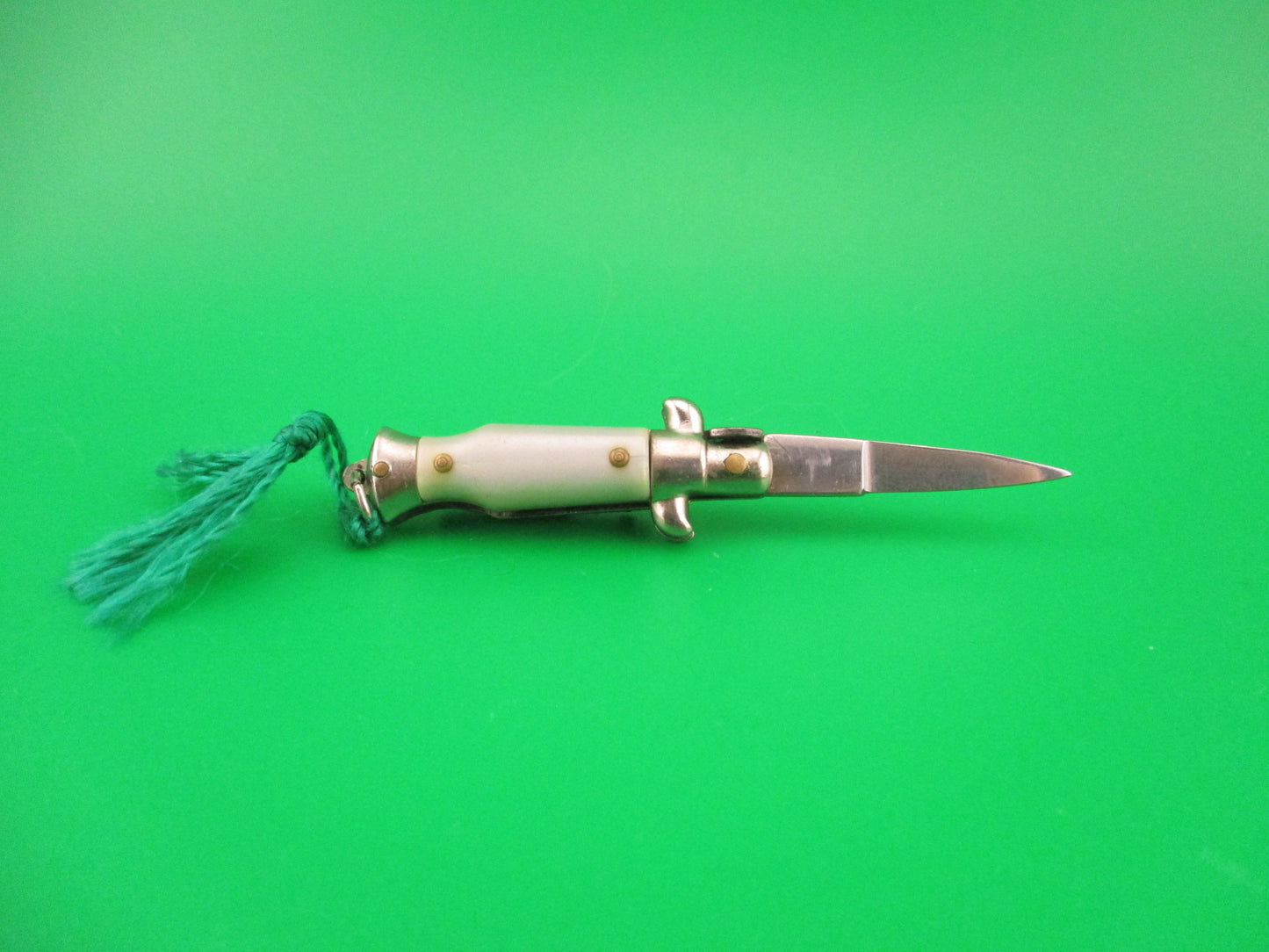 INOX 7cm Italian Mini Picklock Gray 3 pin vintage automatic knife w Green tassel
