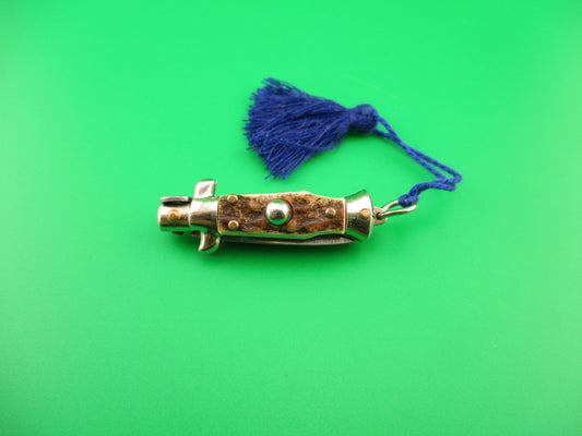 INOX ITALY 7cm Italian Mini Picklock Stag 3 pin vintage automatic knife with Blue tassel