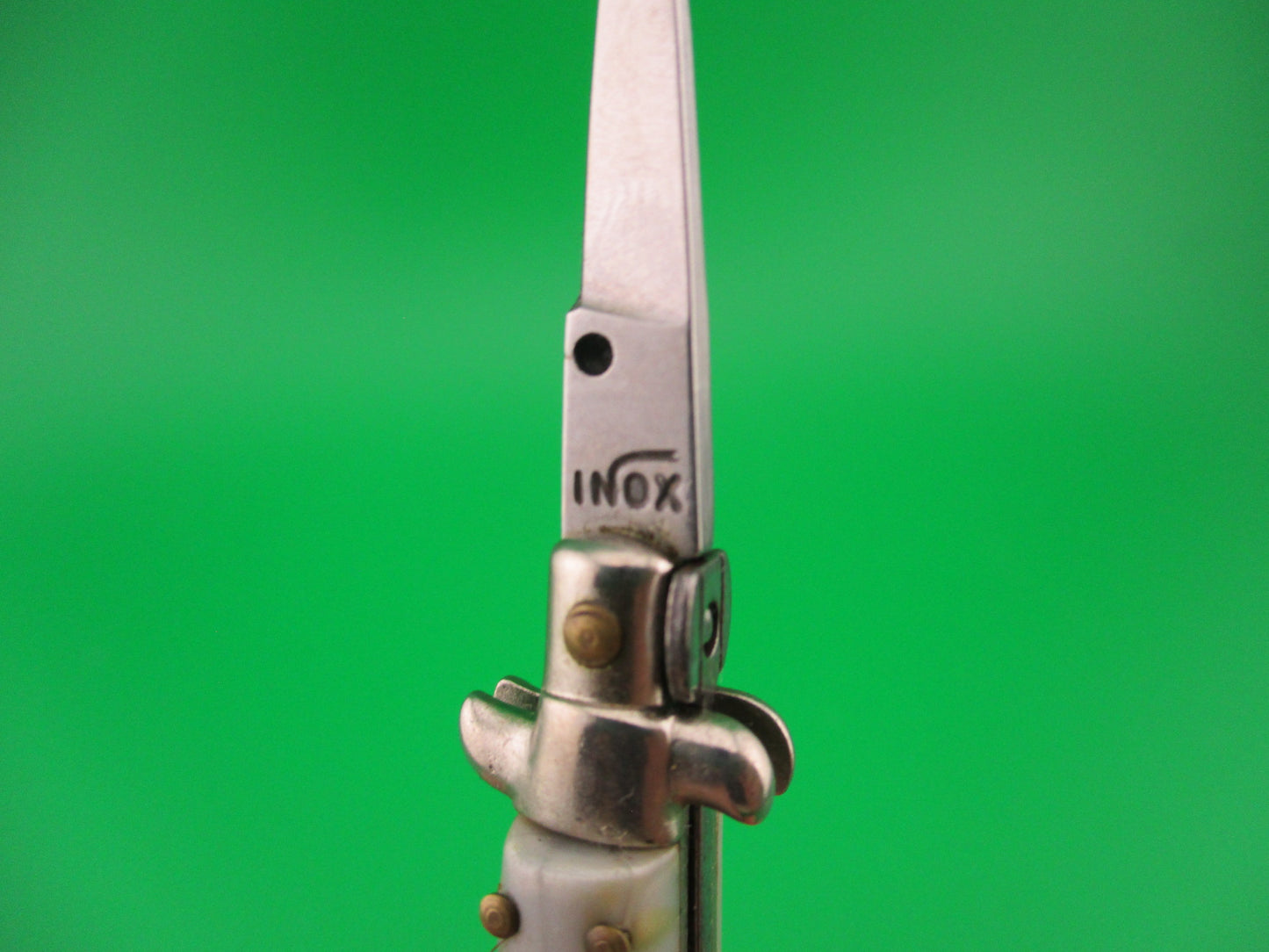 INOX 7cm Italian Mini Picklock Gray 3 pin vintage automatic knife w Green tassel