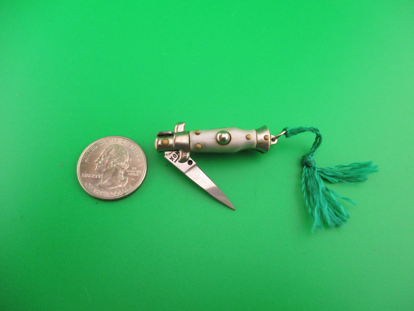 INOX 7cm Italian Mini Picklock Gray 3 pin vintage automatic knife w Green tassel