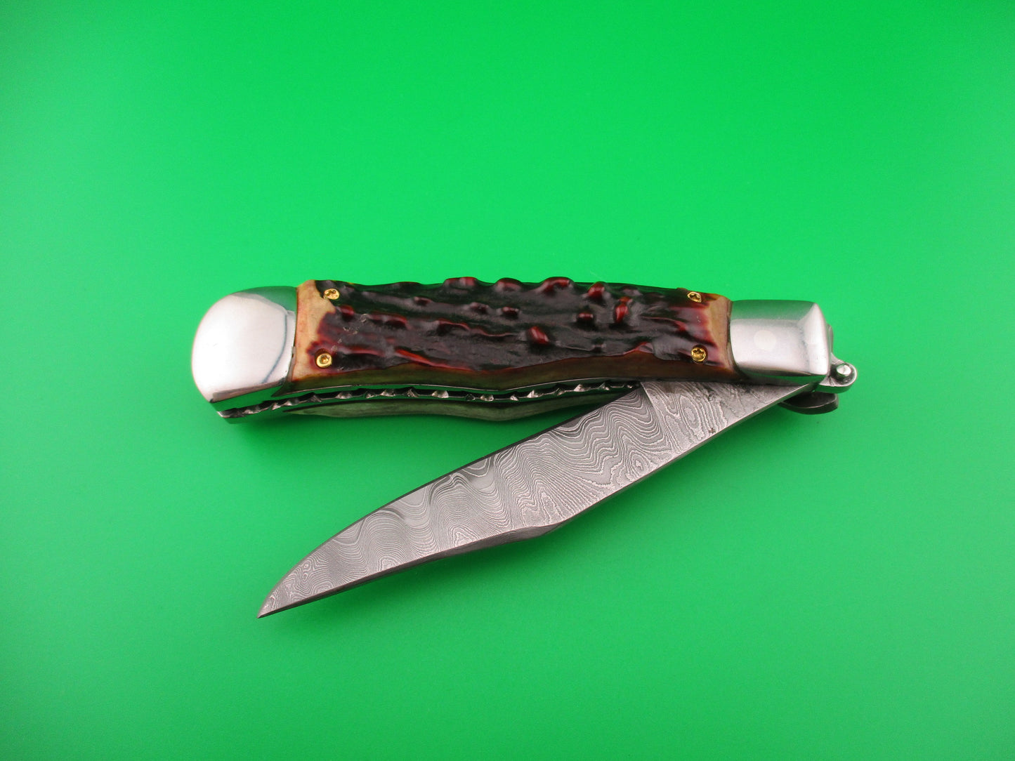 Jim Grizzard CUSTOM WR CASE LEVER Inspired Stag Damascus automatic knife