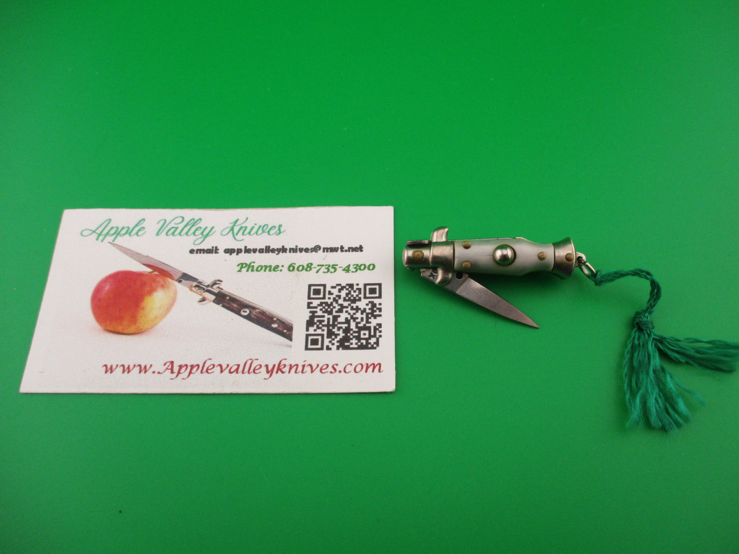 INOX 7cm Italian Mini Picklock Gray 3 pin vintage automatic knife w Green tassel