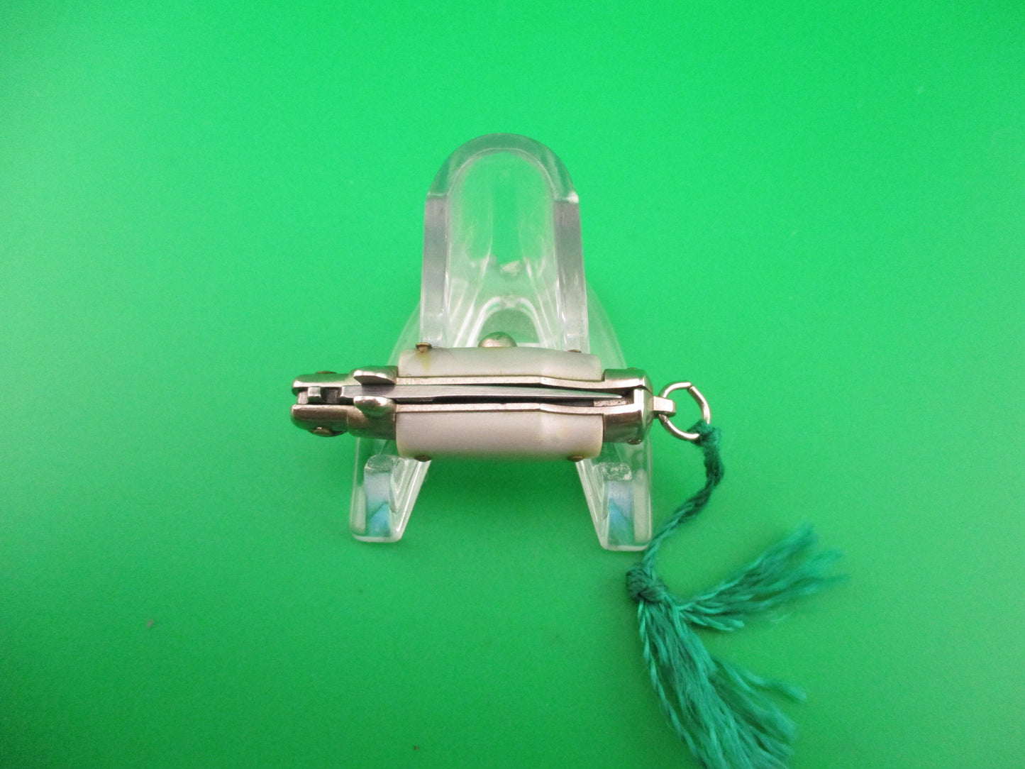 INOX 7cm Italian Mini Picklock Gray 3 pin vintage automatic knife w Green tassel