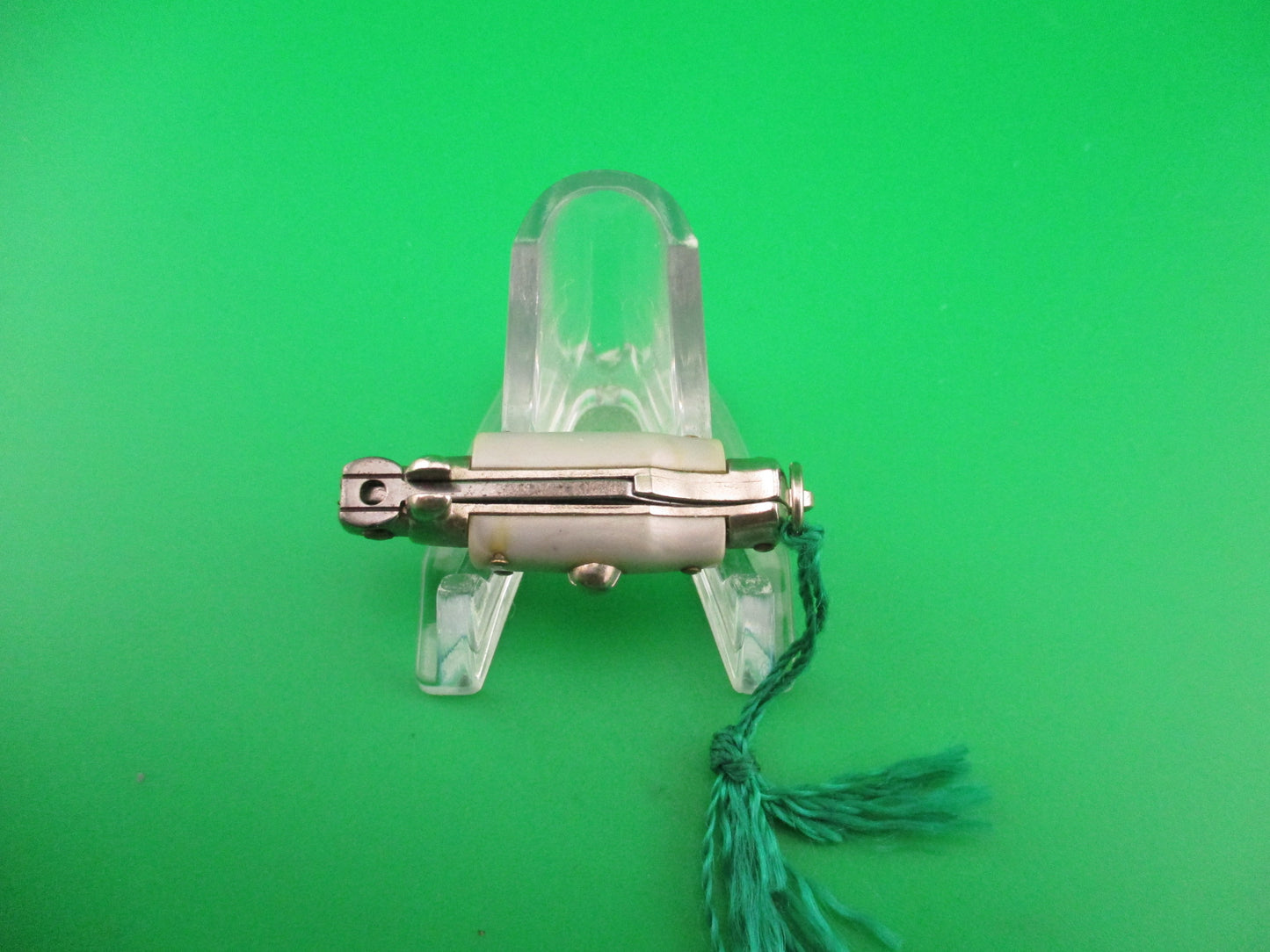 INOX 7cm Italian Mini Picklock Gray 3 pin vintage automatic knife w Green tassel