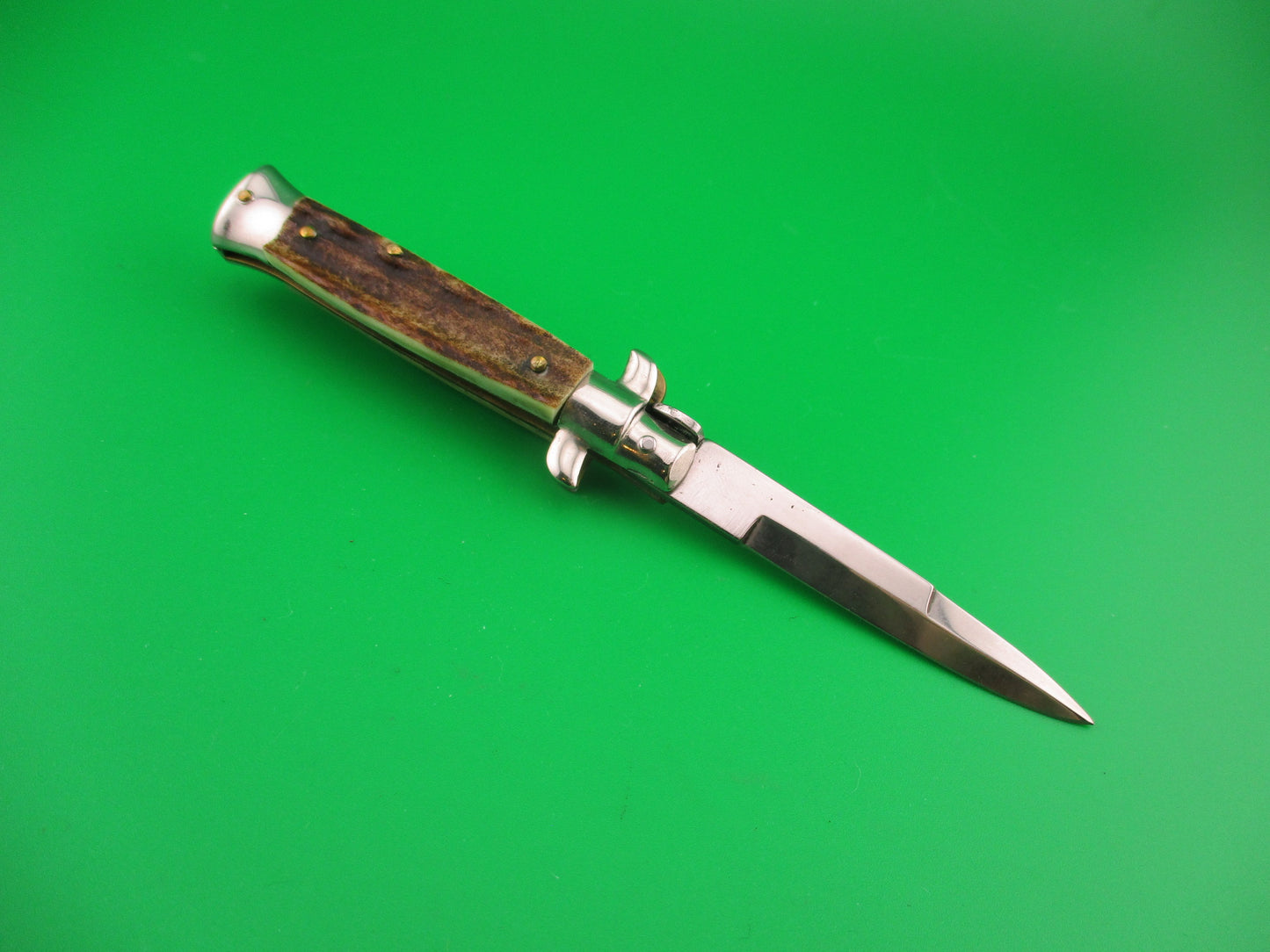 ROSTFREI 14cm Italian Stag stiletto Oreste Dibon swivel bolster automatic knife
