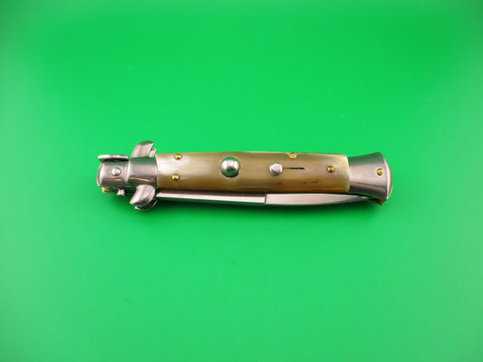 FRANK B 23cm Italian Stiletto Light Honey & Cream horn swivel bolster automatic knife