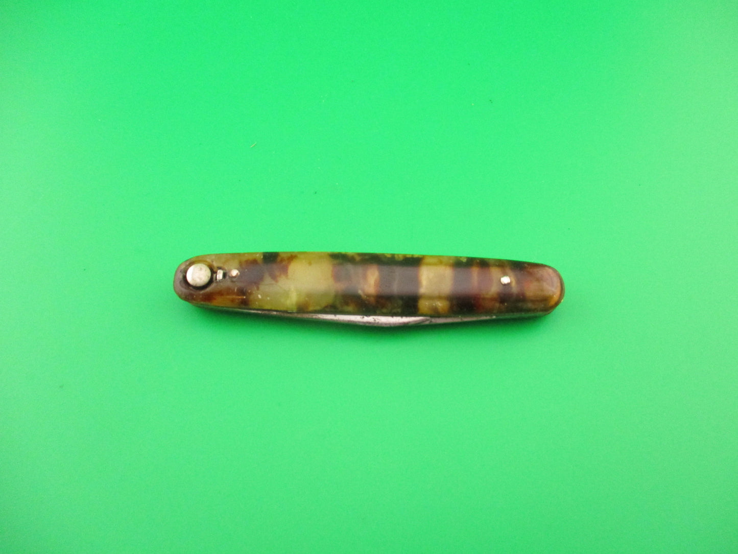 PRESS BUTTON KNIFE CO 3 3/8" Medium double Tortoise celluloid w SAFTIES automatic knife