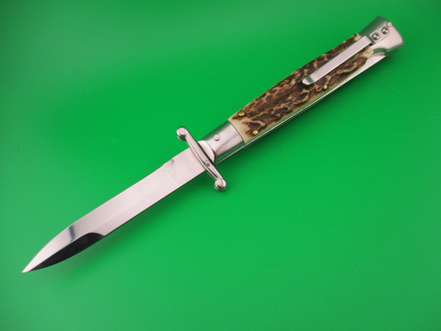 AKC WORLD 23cm Italian Style Stag Swing Guard automatic knife