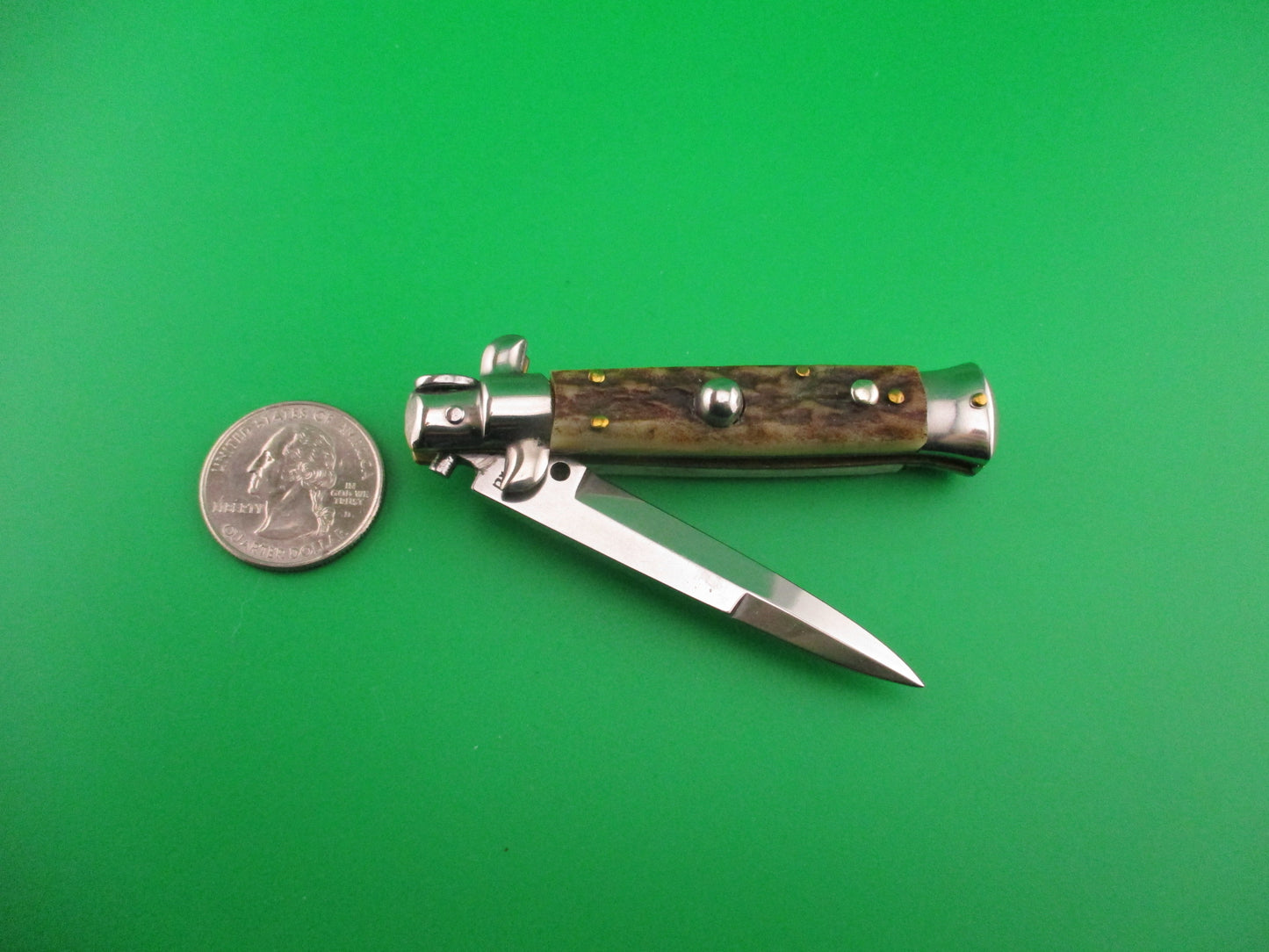 ROSTFREI 14cm Italian Stag stiletto Oreste Dibon swivel bolster automatic knife