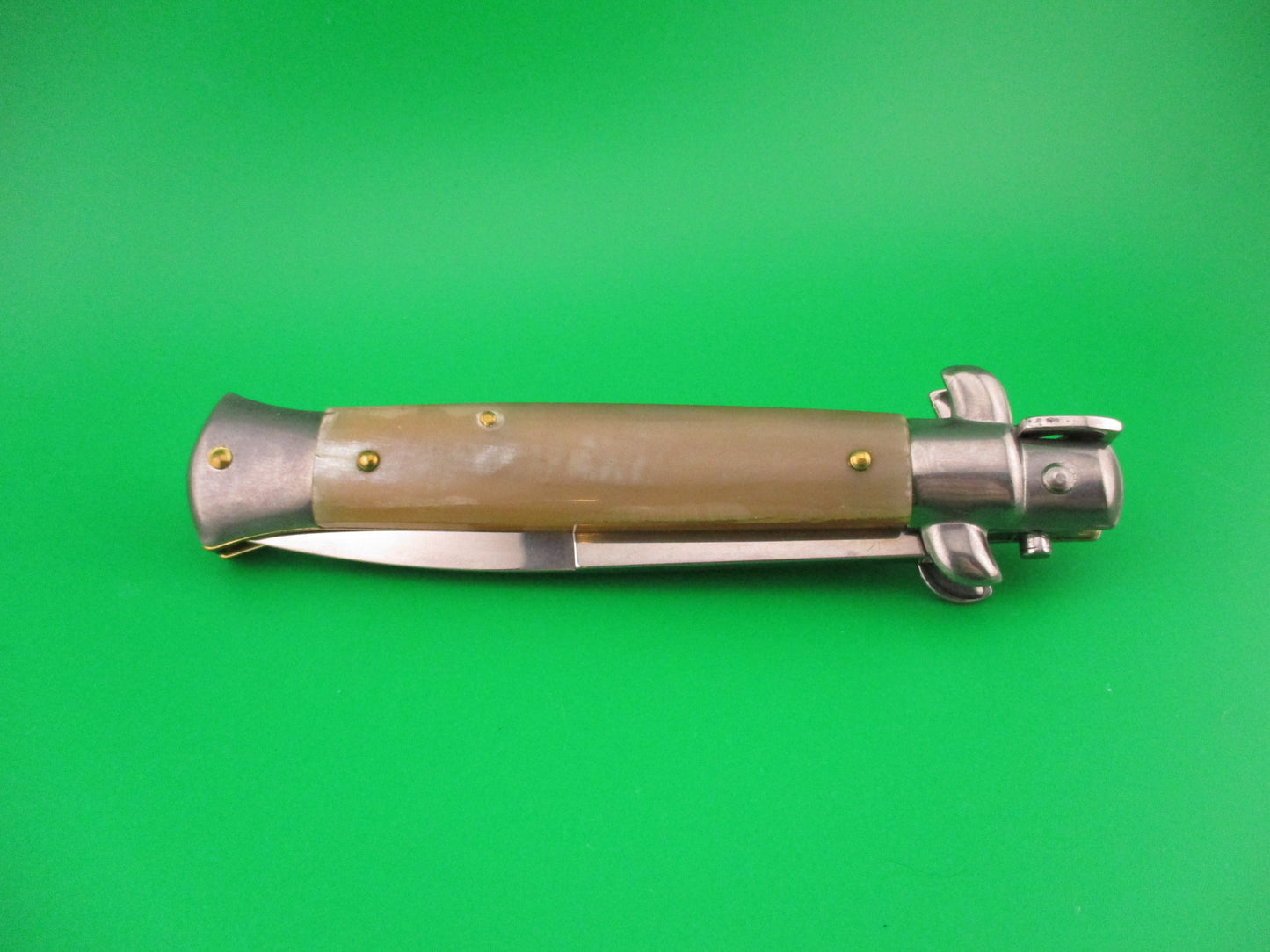 FRANK B 23cm Italian Stiletto Light Honey & Cream horn swivel bolster automatic knife