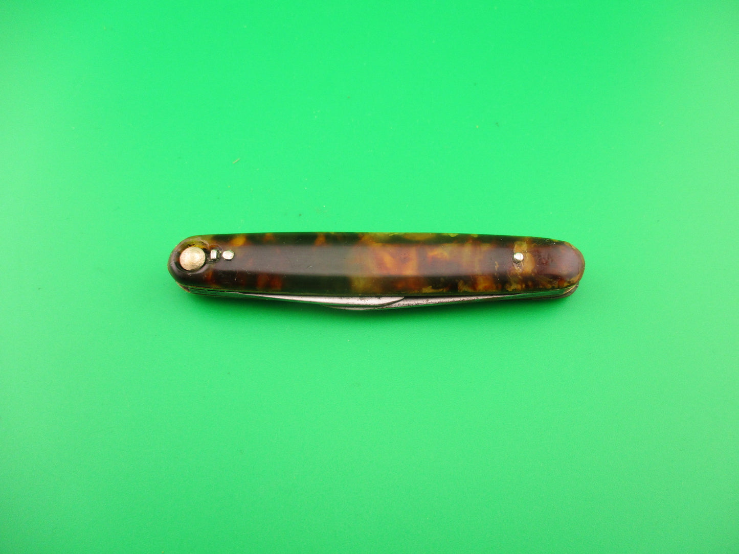 PRESS BUTTON KNIFE CO 3 3/8" Medium double Tortoise celluloid w SAFTIES automatic knife