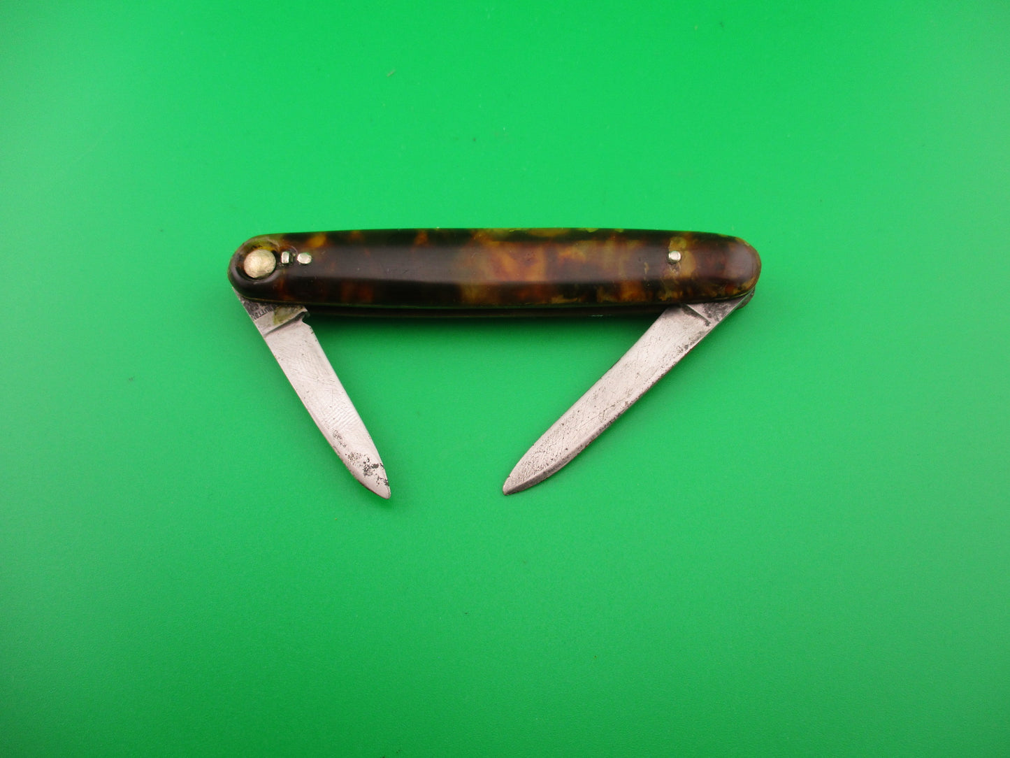 PRESS BUTTON KNIFE CO 3 3/8" Medium double Tortoise celluloid w SAFTIES automatic knife