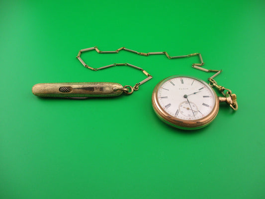Flylock Small Gold Double automatic knife w/ Gold Elgin Pocket Watch & Chain Vintage 1930s