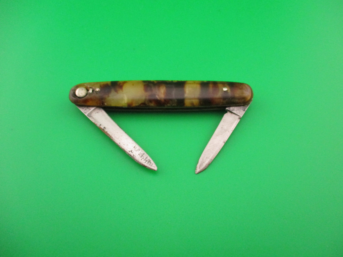 PRESS BUTTON KNIFE CO 3 3/8" Medium double Tortoise celluloid w SAFTIES automatic knife