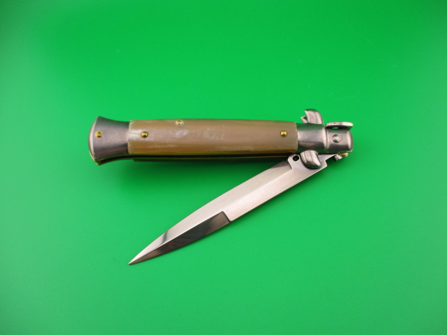 FRANK B 23cm Italian Stiletto Light Honey & Cream horn swivel bolster automatic knife