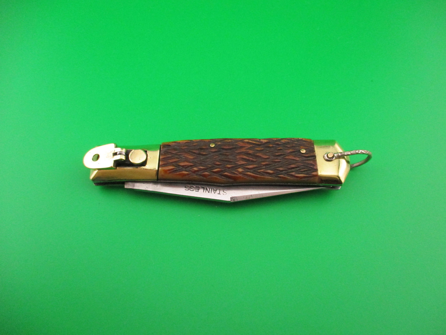 STAINLESS 19cm Japanese Unusual Button Lever Bone & Brass vintage automatic knife