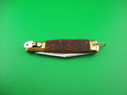 STAINLESS 19cm Japanese Unusual Button Lever Bone & Brass vintage automatic knife
