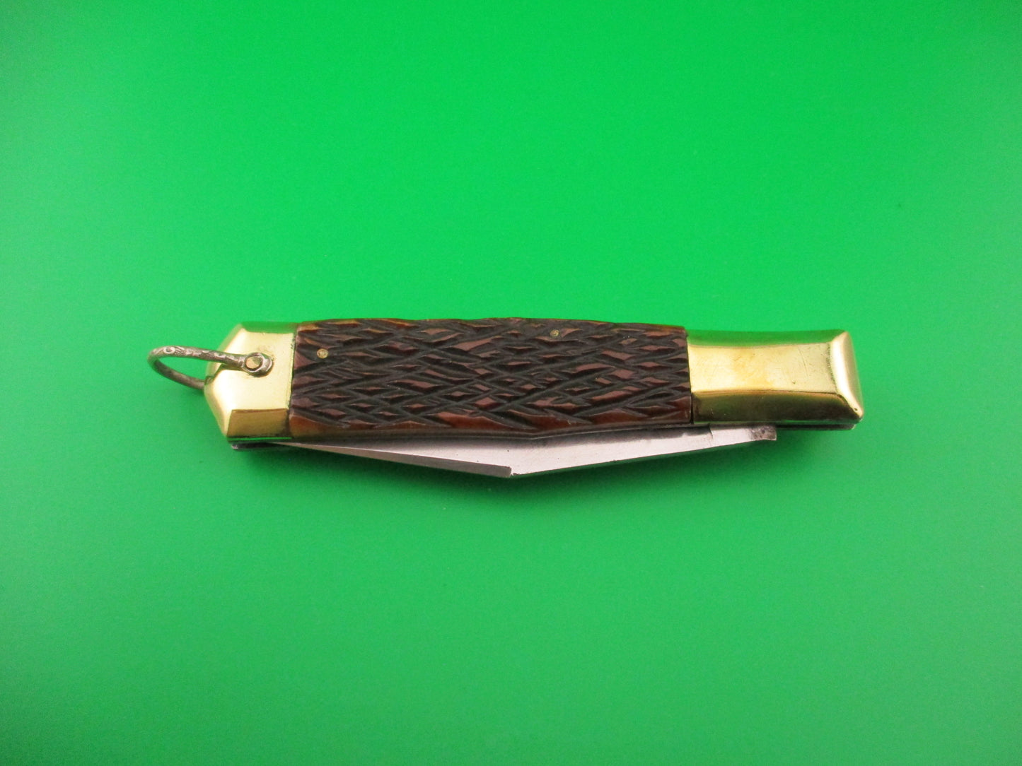 STAINLESS 19cm Japanese Unusual Button Lever Bone & Brass vintage automatic knife