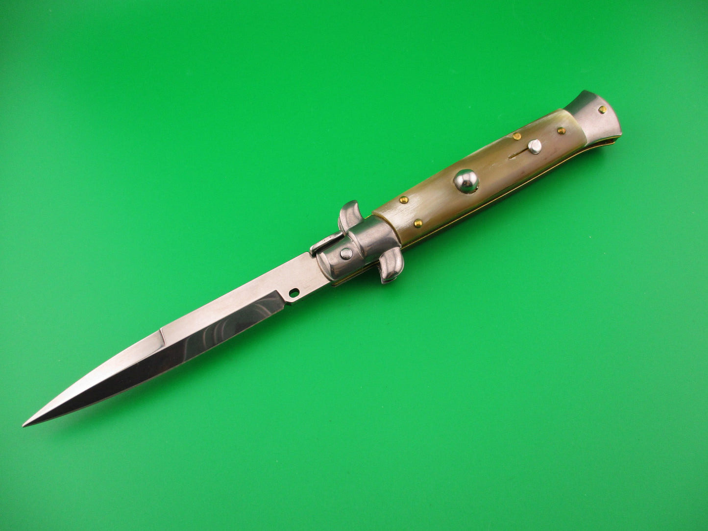 FRANK B 23cm Italian Stiletto Light Honey & Cream horn swivel bolster automatic knife