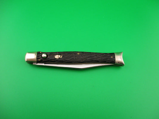 SCHRADE WALDEN NY USA Fishtail Black Stagged vintage automatic knife w bolsters