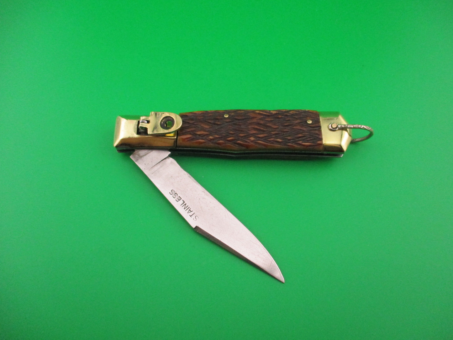 STAINLESS 19cm Japanese Unusual Button Lever Bone & Brass vintage automatic knife