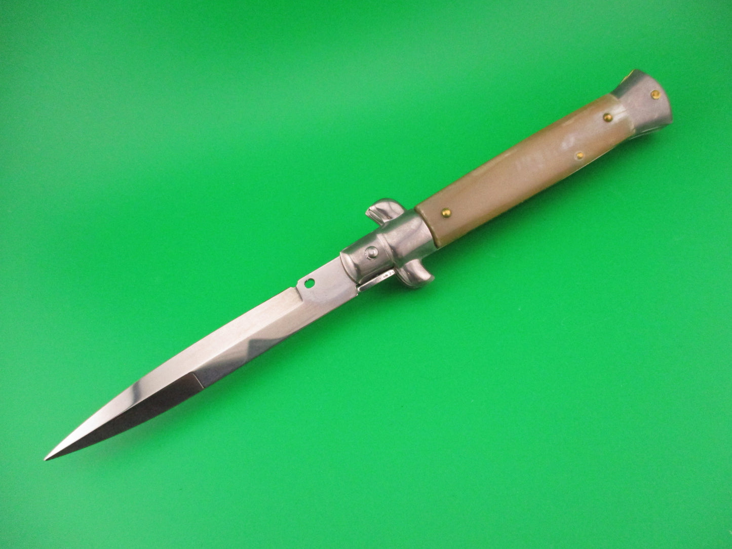 FRANK B 23cm Italian Stiletto Light Honey & Cream horn swivel bolster automatic knife