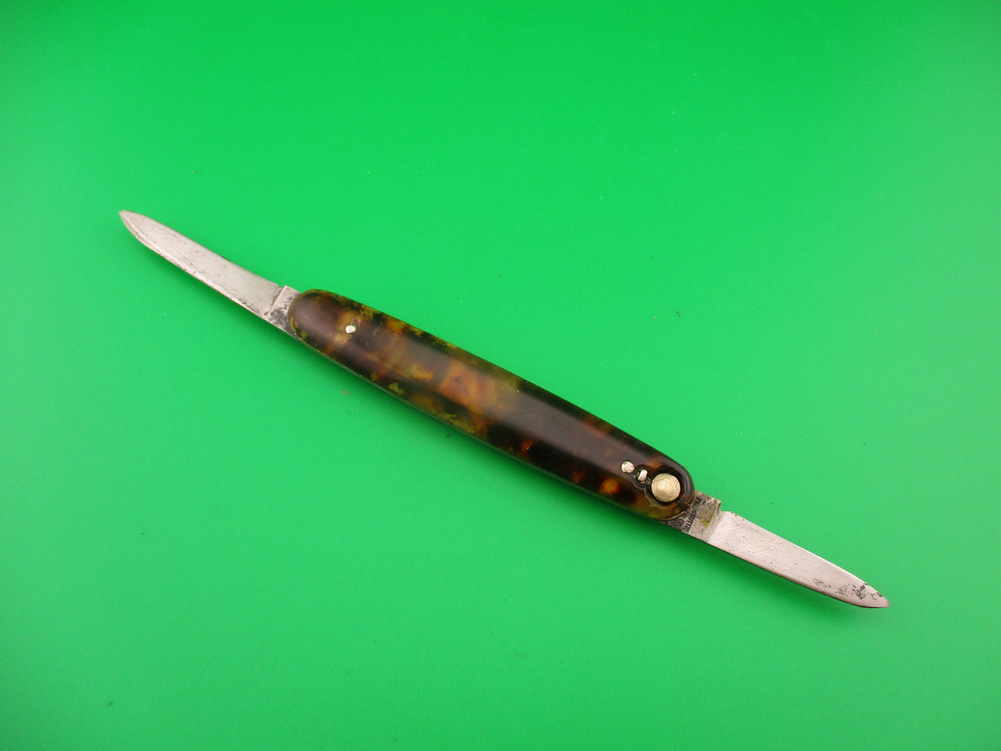 PRESS BUTTON KNIFE CO 3 3/8" Medium double Tortoise celluloid w SAFTIES automatic knife
