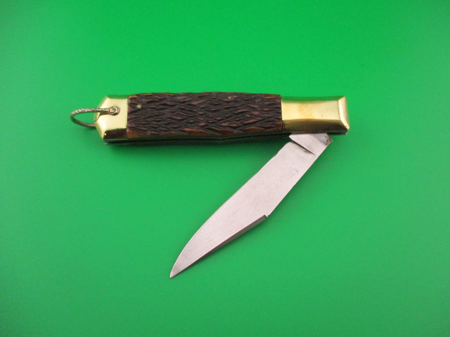 STAINLESS 19cm Japanese Unusual Button Lever Bone & Brass vintage automatic knife