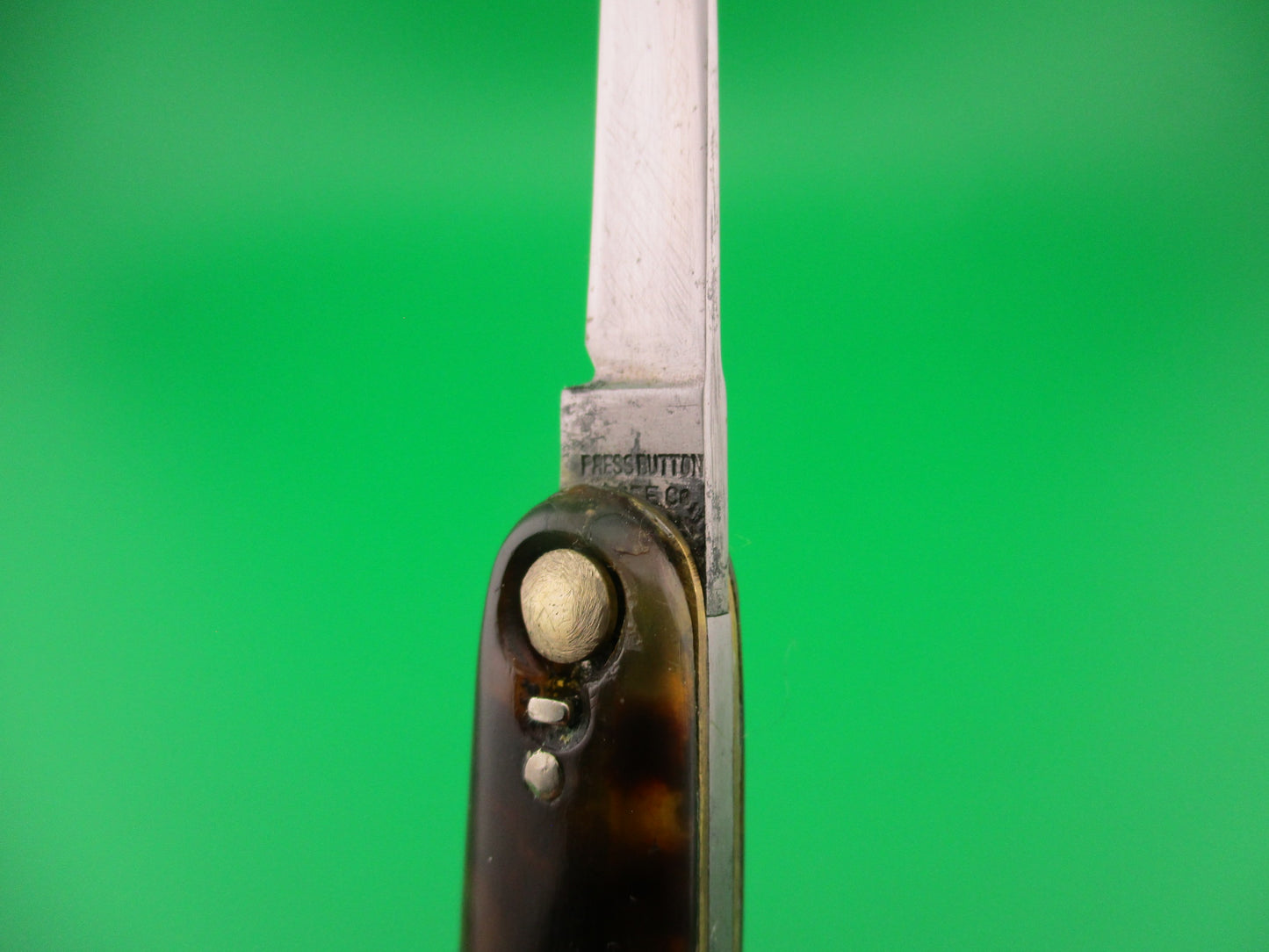 PRESS BUTTON KNIFE CO 3 3/8" Medium double Tortoise celluloid w SAFTIES automatic knife