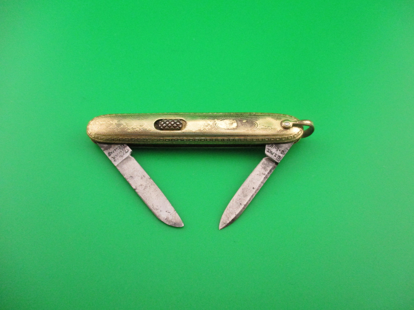 Flylock Small Gold Double automatic knife w/ Gold Elgin Pocket Watch & Chain Vintage 1930s