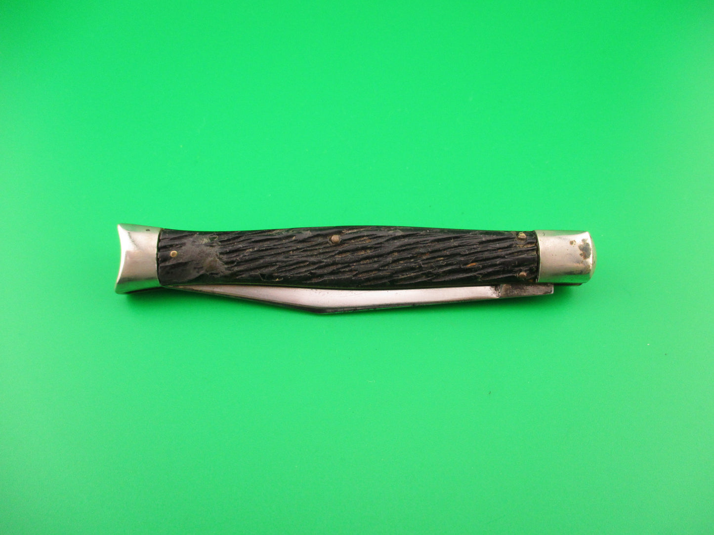 SCHRADE WALDEN NY USA Fishtail Black Stagged vintage automatic knife w bolsters