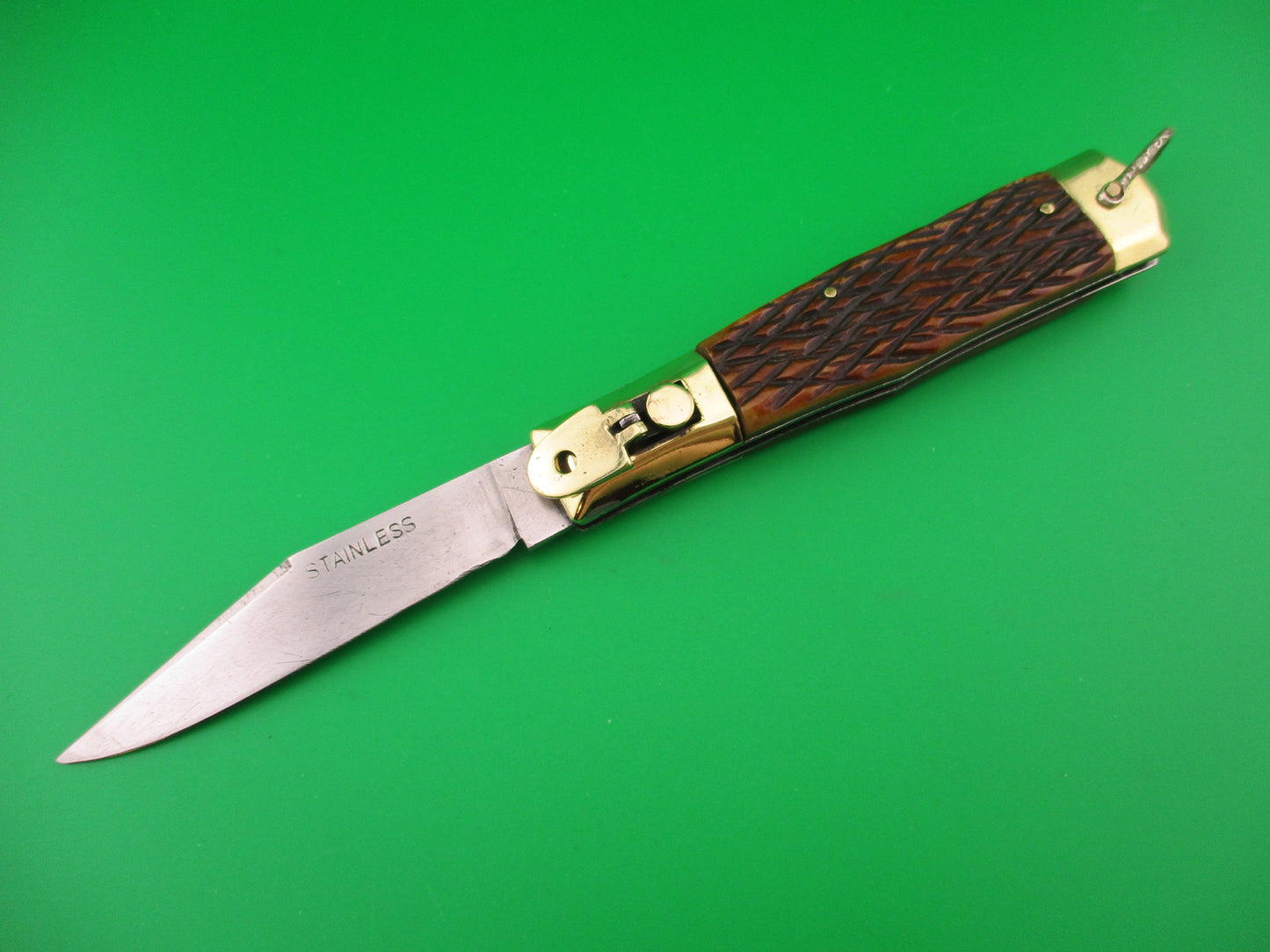 STAINLESS 19cm Japanese Unusual Button Lever Bone & Brass vintage automatic knife