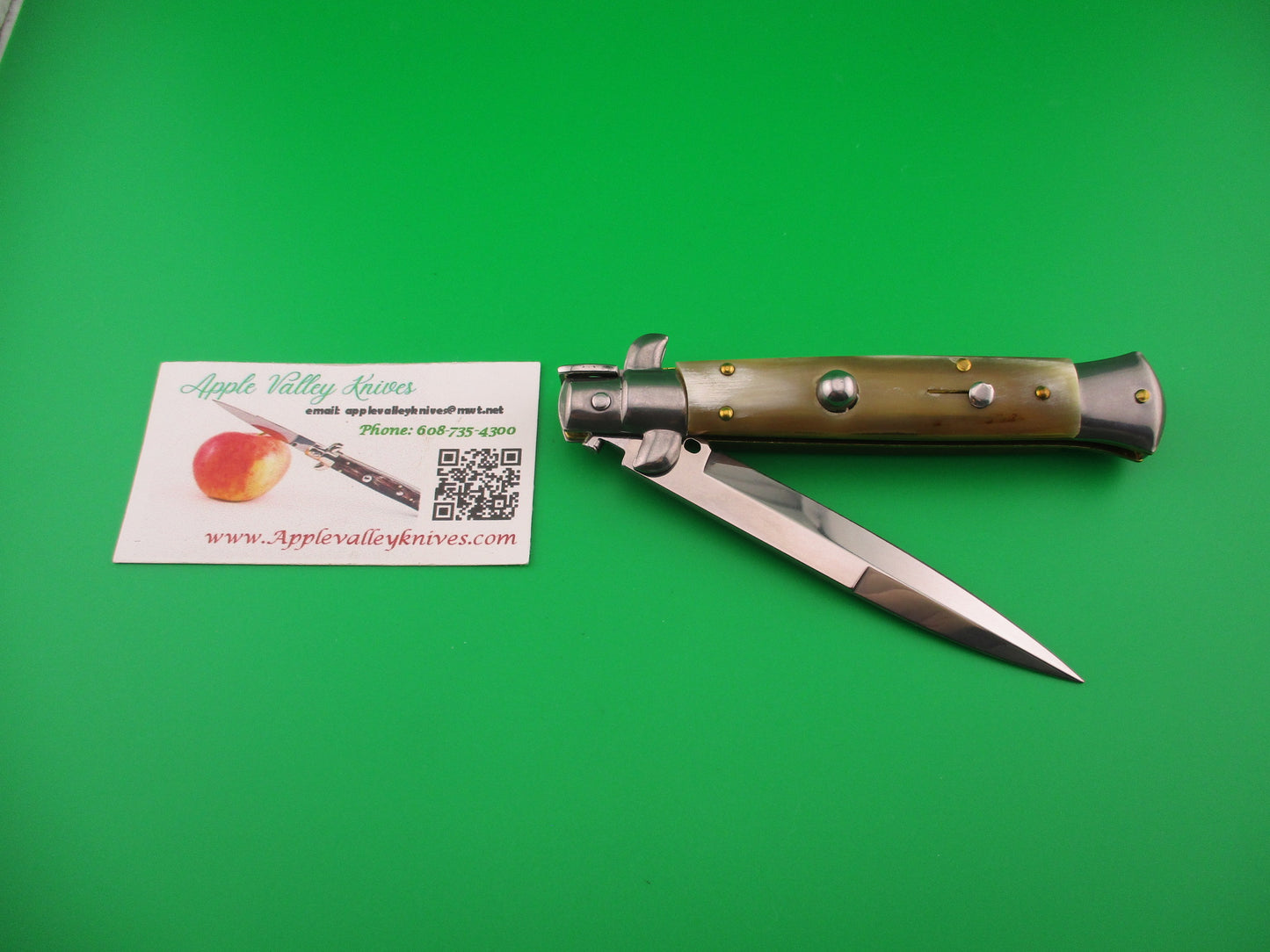 FRANK B 23cm Italian Stiletto Light Honey & Cream horn swivel bolster automatic knife