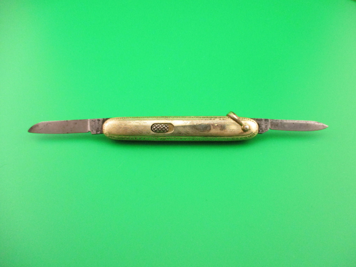 Flylock Small Gold Double automatic knife w/ Gold Elgin Pocket Watch & Chain Vintage 1930s