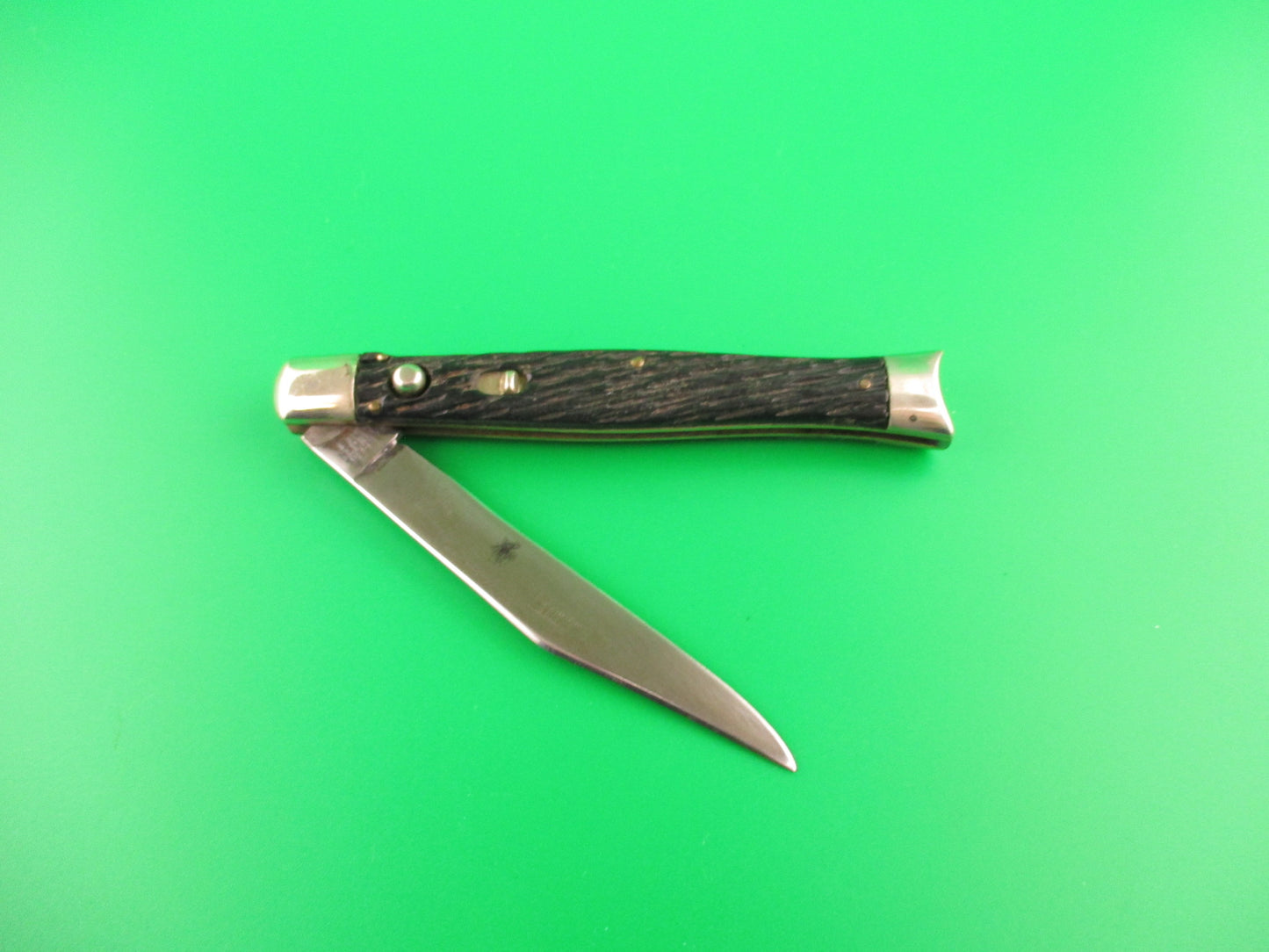 SCHRADE WALDEN NY USA Fishtail Black Stagged vintage automatic knife w bolsters