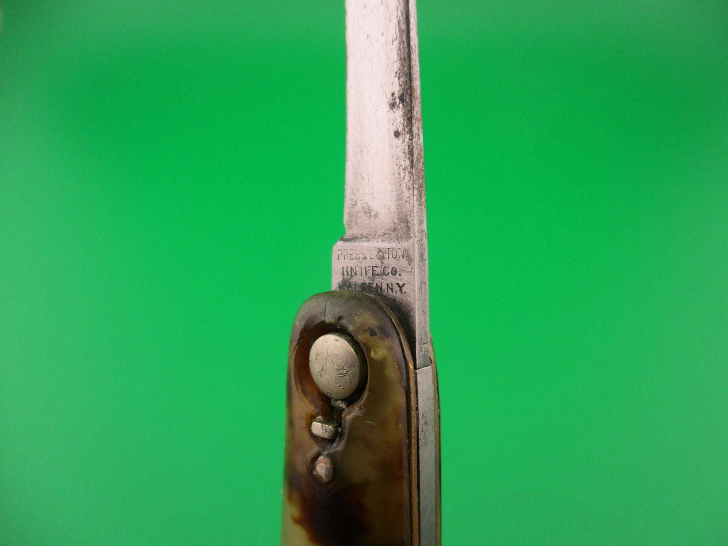 PRESS BUTTON KNIFE CO 3 3/8" Medium double Tortoise celluloid w SAFTIES automatic knife