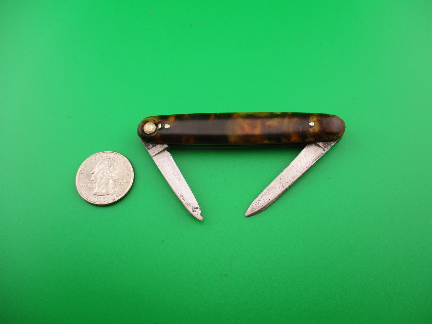 PRESS BUTTON KNIFE CO 3 3/8" Medium double Tortoise celluloid w SAFTIES automatic knife