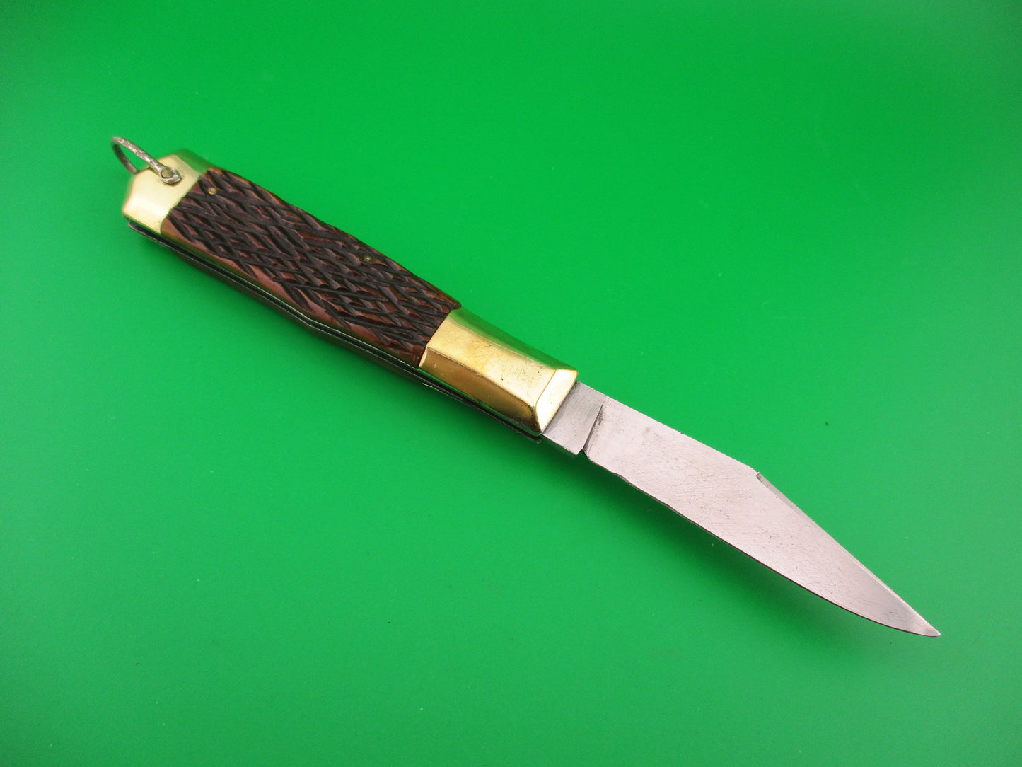 STAINLESS 19cm Japanese Unusual Button Lever Bone & Brass vintage automatic knife