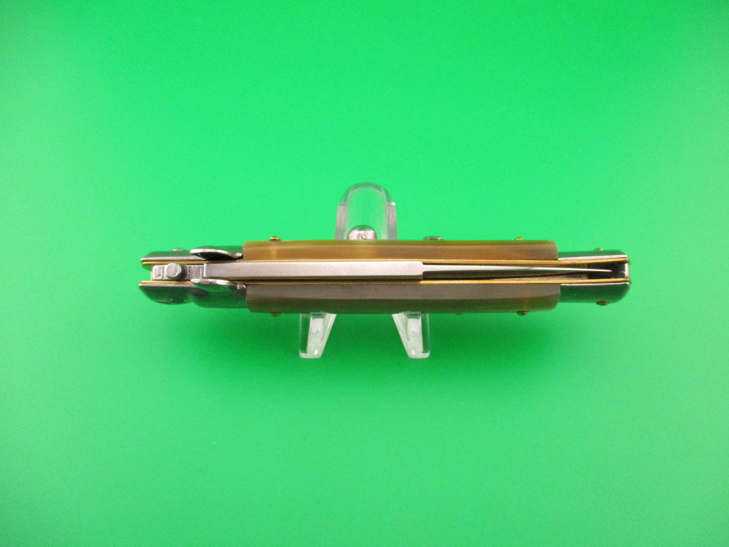 FRANK B 23cm Italian Stiletto Light Honey & Cream horn swivel bolster automatic knife