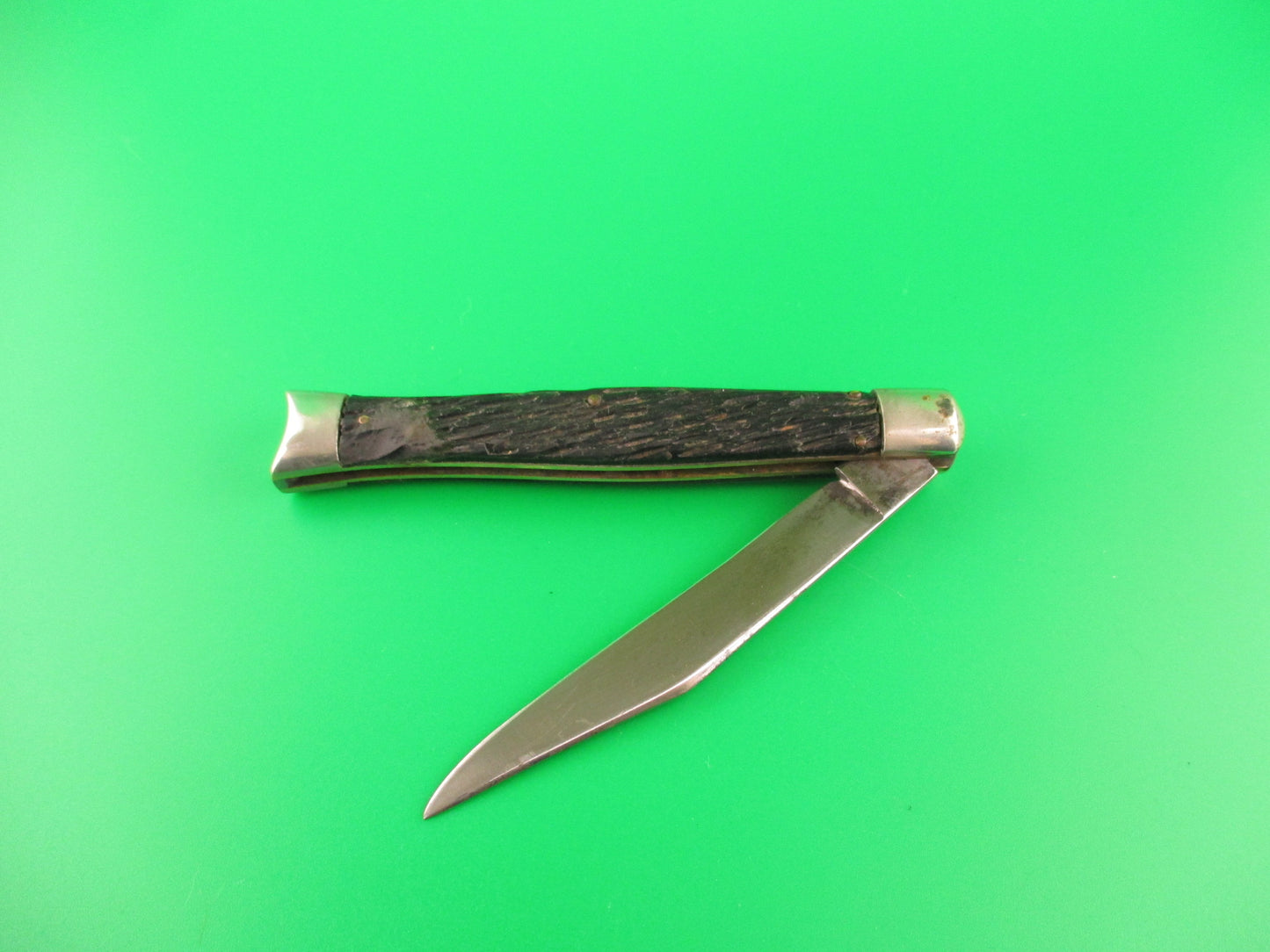 SCHRADE WALDEN NY USA Fishtail Black Stagged vintage automatic knife w bolsters