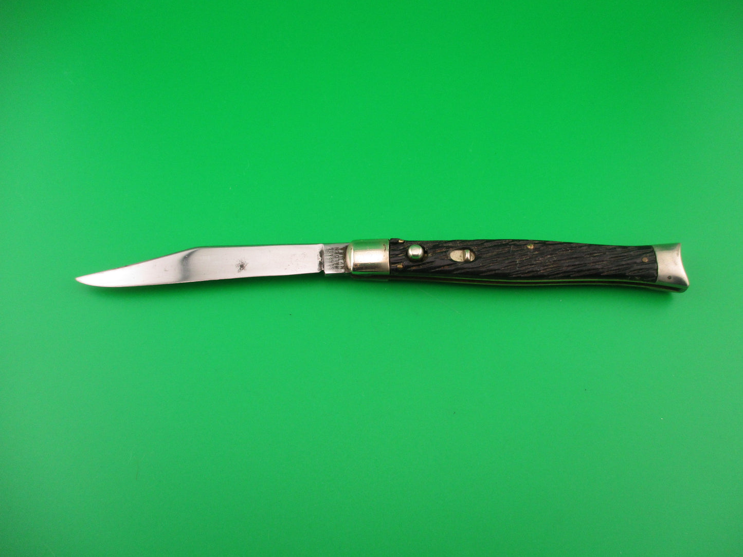 SCHRADE WALDEN NY USA Fishtail Black Stagged vintage automatic knife w bolsters