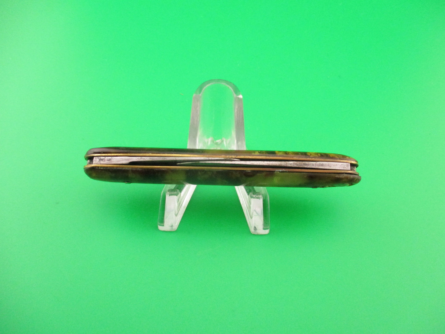 PRESS BUTTON KNIFE CO 3 3/8" Medium double Tortoise celluloid w SAFTIES automatic knife