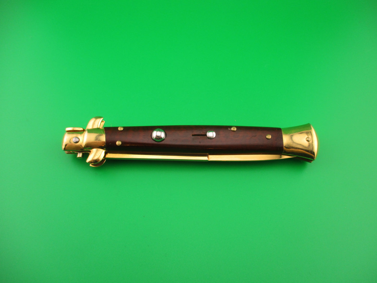 Frank B ITALY 28cm Italian Gold plated Snakewood swivel bolster stiletto automatic knife